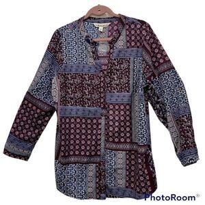 NWT Tantrums 3/4 quarter sleeve button down top Patchwork print front size L